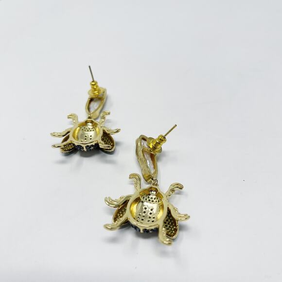 Gold and Green Rhinestone Scarab Beetle Bug Earrings Agate Black Statement - Picture 4 of 4